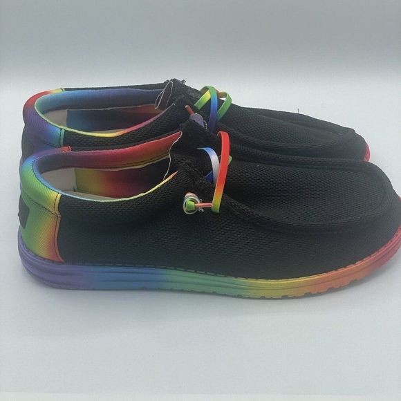New Hey Dude Pride Rainbow Colorful Black Wally Stretch Deck Shoes Mens Size 11 - Picture 2 of 9